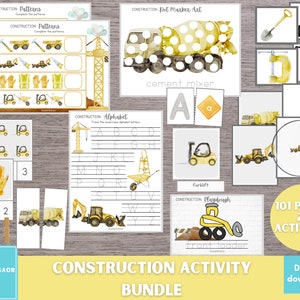 May include: A printable activity bundle for kids featuring construction vehicles and tools. The bundle includes 101 pages and 20 activities, such as alphabet tracing, dot-to-dot, and pattern matching. The activities are illustrated with watercolor images of construction vehicles and tools.