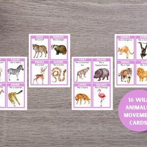 May include: 16 colorful cards with illustrations of wild animals and movement verbs. Each card features a different animal and a verb describing how it moves, such as "howl like a wolf" or "bounce like a kangaroo".