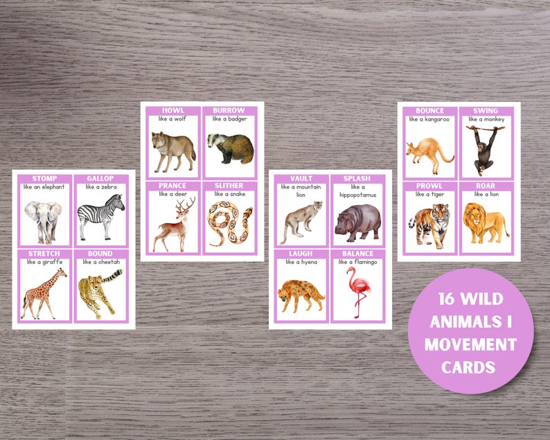 May include: 16 colorful cards with illustrations of wild animals and movement verbs. Each card features a different animal and a verb describing how it moves, such as "howl like a wolf" or "bounce like a kangaroo".