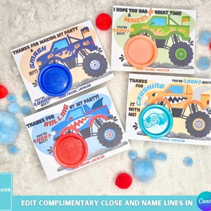 Kinder Monster Truck Gastgeschenke, druckbare Monster Truck Geburtstagsfeier Spielteig Geschenkkartenhalter, Play Doh Geschenkkarte Favor