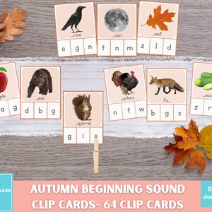 Clipkaarten beginnen met herfstgeluid, clipkaarten herfst eerste lettergeluiden, afdrukbare montessori voorschoolse klanken