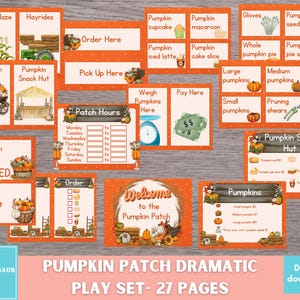 May include: A set of 27 printable pages for a pumpkin patch play set. The pages feature various signs, including "Pumpkin Patch", "Order Here", "Pick Up Here", "Weigh Pumpkins Here", "Pay Here", "Pumpkin Snack Hut", and "Pumpkins". The signs are decorated with pumpkins, leaves, and other autumn-themed elements. The pages are designed to be used in a classroom or at home to create a fun and engaging learning experience for children.