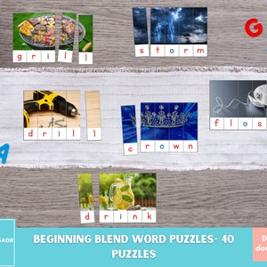 Beginning Blend Picture Word Puzzles, Montessori Blue Series Phonics Printable, Consonant Blend Activity, Word Building Puzzles