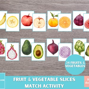 Actividad de emparejamiento de rodajas de frutas y verduras, frutas por fuera y por dentro, verduras por fuera y por dentro, juego imprimible para preescolar