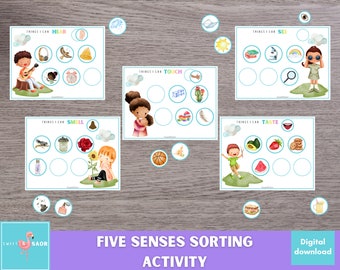 Peut inclure: Cinq cartes d'activités imprimables pour aider les enfants à apprendre les cinq sens. Chaque carte présente une illustration colorée d'un enfant et d'objets liés à chaque sens : l'ouïe, l'odorat, le toucher, la vue et le goût. Les cartes comportent des cercles vides pour que les enfants puissent associer les objets au bon sens.