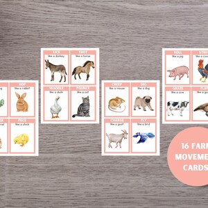 May include: 16 colorful cards with farm animal illustrations and action words like "leap", "hop", "kick", "trot", "waddle", "pounce", "creep", "dig", "graze", "charge", "fly", "roll", "strut", "flap", "scamper", and "peck". The cards are labeled "16 Farm Movement Cards".