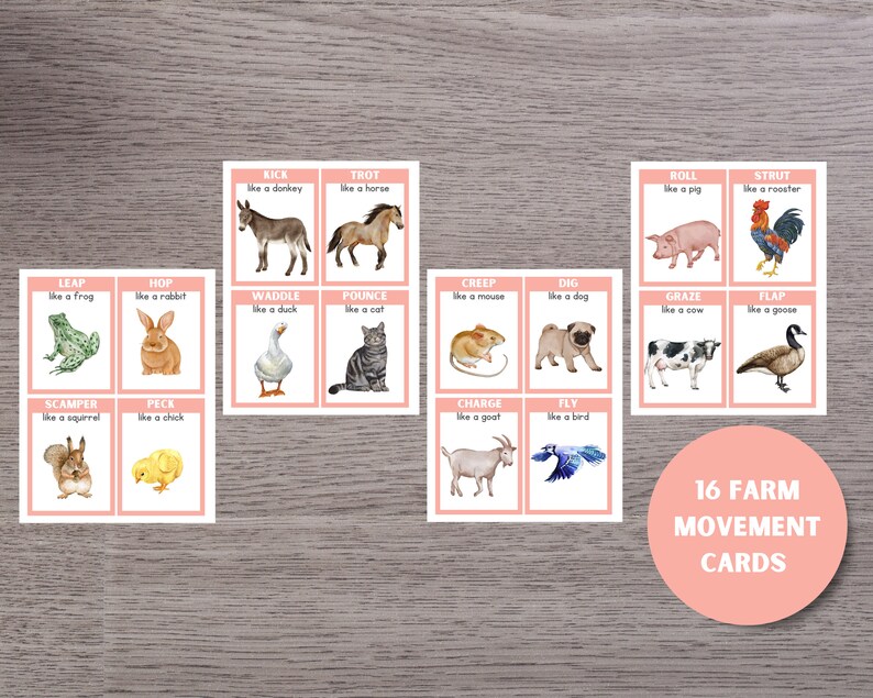 May include: 16 colorful cards with farm animal illustrations and action words like "leap", "hop", "kick", "trot", "waddle", "pounce", "creep", "dig", "graze", "charge", "fly", "roll", "strut", "flap", "scamper", and "peck". The cards are labeled "16 Farm Movement Cards".