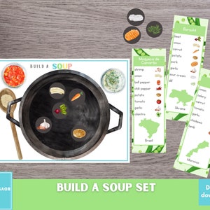 Bauen Sie eine Suppe, lehrreiche Kochaktivität für Kinder, dramatisches Spiel zum Ausdrucken, Pretend Play Center, Vorschule, beschäftigte Taschenidee
