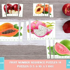 Puede incluir: Un conjunto de 14 rompecabezas de secuencia numérica de frutas imprimibles para niños. Los rompecabezas presentan imágenes de papaya, fruta de dragón, guayaba, manzanas y melocotones. Los rompecabezas están diseñados para ayudar a los niños a aprender a contar y secuenciar números del 1 al 100.