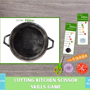 May include: A printable cutting kitchen scissor skills game for children. The game features a black frying pan, a carrot, a green onion, a red tomato, a purple onion, and two recipe cards with a list of ingredients.