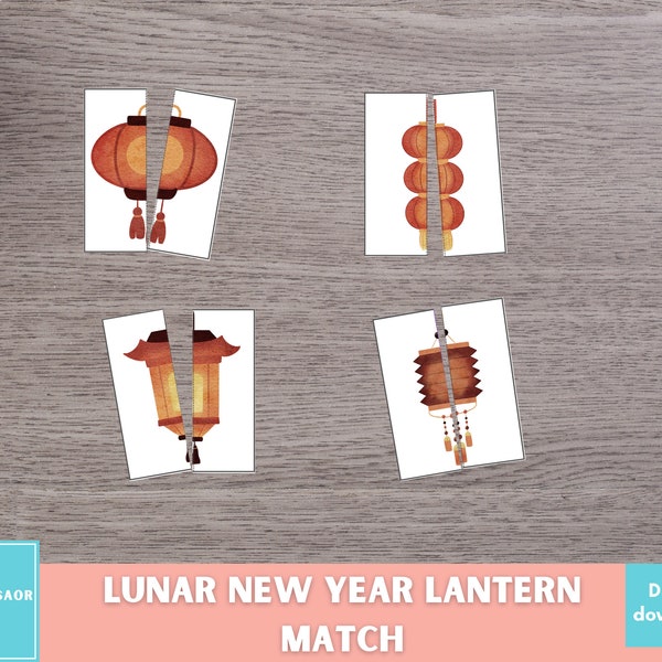 Lunar New Year Lantern Matching Puzzles, Preschool Printable, Homeschool Resource, Montessori Material, Kids Symmetry Activity