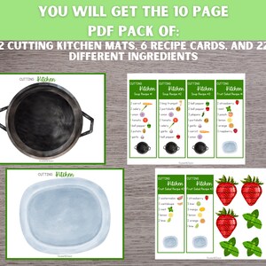 May include: A printable PDF pack for a cutting kitchen activity. The pack includes two cutting mats, six recipe cards, and 22 different ingredients. The mats are illustrated with a black frying pan and a white bowl. The recipe cards include ingredients for soup and fruit salad.