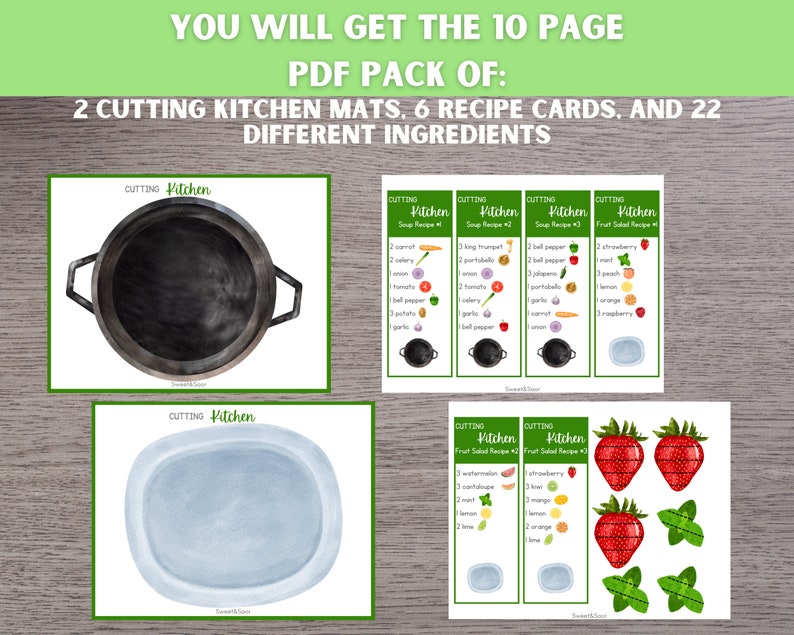 May include: A printable PDF pack for a cutting kitchen activity. The pack includes two cutting mats, six recipe cards, and 22 different ingredients. The mats are illustrated with a black frying pan and a white bowl. The recipe cards include ingredients for soup and fruit salad.