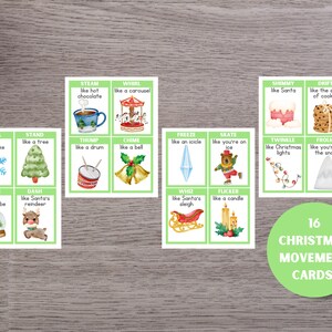 May include: 16 Christmas movement cards with illustrations and text.  The cards feature words like "Twirl", "Stand", "Shake", "Dash", "Steam", "Whirl", "Thump", "Chime", "Freeze", "Skate", "Shimmy", "Drift", "Whiz", "Flicker", "Twinkle", "Frolic".