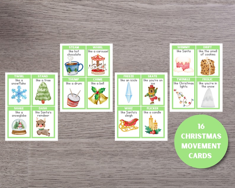 May include: 16 Christmas movement cards with illustrations and text.  The cards feature words like "Twirl", "Stand", "Shake", "Dash", "Steam", "Whirl", "Thump", "Chime", "Freeze", "Skate", "Shimmy", "Drift", "Whiz", "Flicker", "Twinkle", "Frolic".