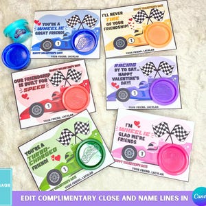 Afdrukbare Play Dough Valentines Gift Card voor jongens, raceauto kinderen Valentines, Wheelie Great Friend Class Valentine, bewerkbare kinderen Valentine