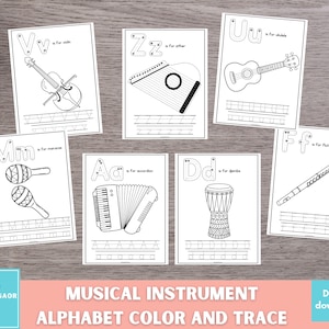 Páginas para colorear del alfabeto, práctica de trazado del abecedario, páginas para colorear de instrumentos musicales, material imprimible para preescolar, recurso para la educación en el hogar