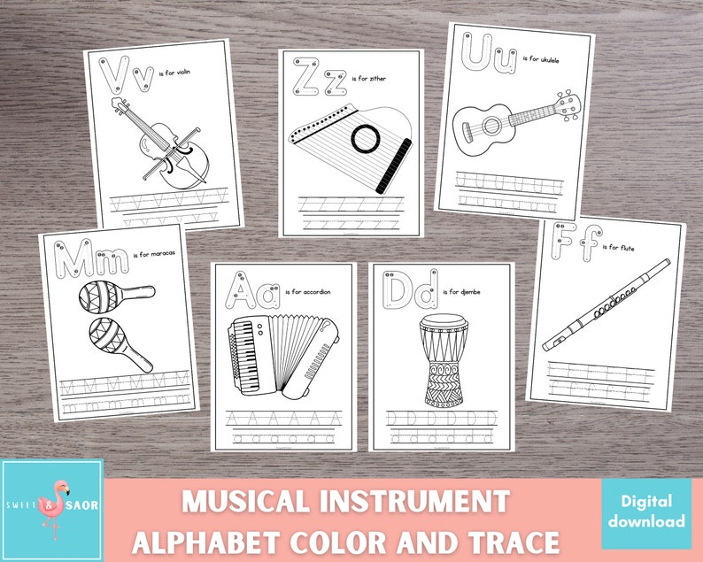 K&ouml;nnte beinhalten: Schwarz-wei&szlig;e druckbare Alphabet-&Uuml;bungsb&ouml;gen mit Musikinstrumenten. Jede Seite enth&auml;lt einen Buchstaben, den Namen des Instruments und eine Linie zum Nachzeichnen des Buchstabens.
