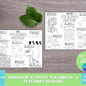 Könnte beinhalten: Zwei schwarz-weiße, druckbare Dinosaurier-Aktivitäts-Platzsets für Kinder. Die Platzsets bieten eine Vielzahl von Aktivitäten, darunter ein Labyrinth, Punkte verbinden, ein Wortsuchspiel und Tic-Tac-Toe. Der Text auf den Platzsets lautet "Es ist Olivias Geburtstag".
