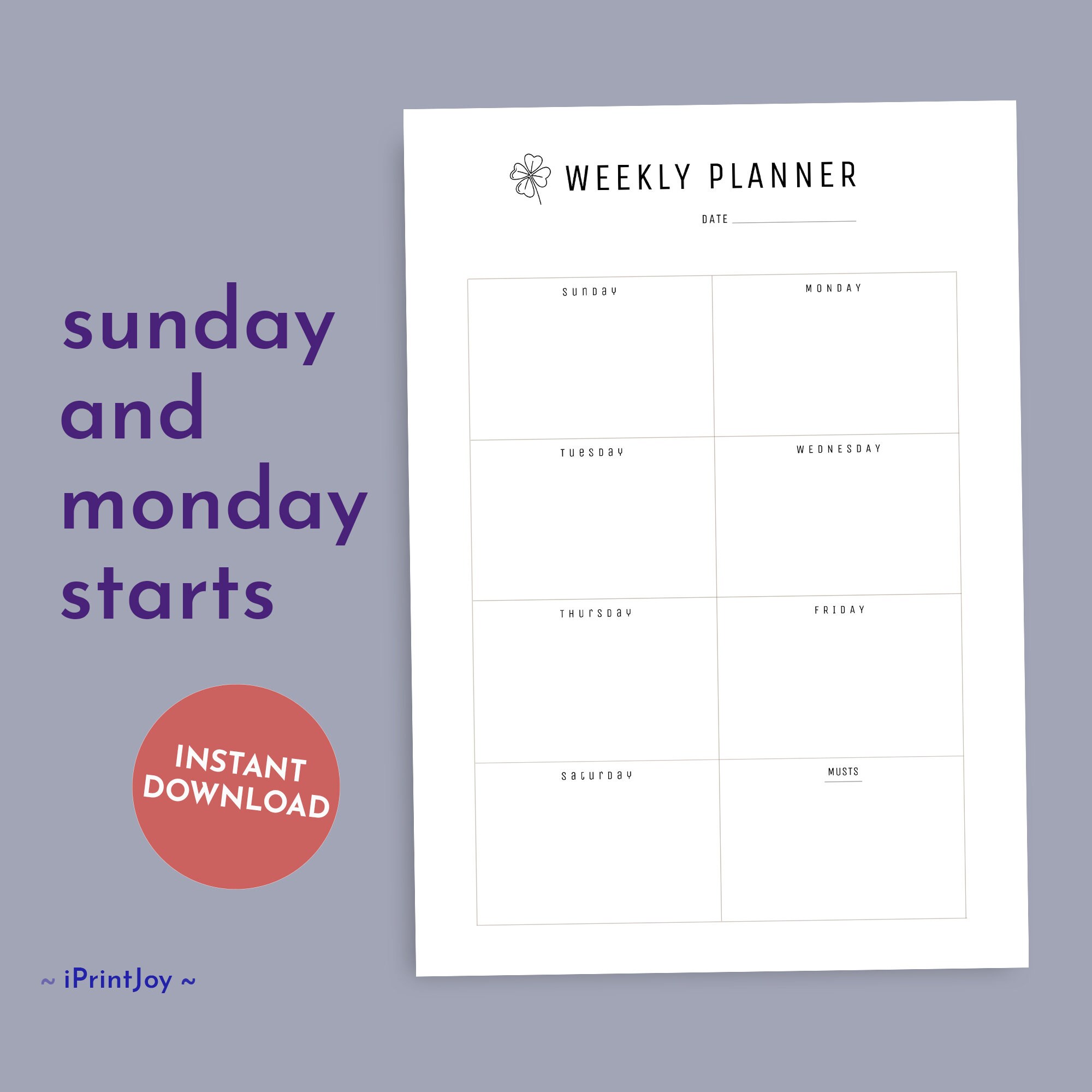 Minimalist Weekly Planner, Printable Weekly Organizer, Digital Planner ...