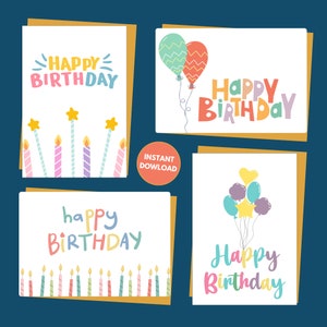 Ensemble de 4 Cartes d'Anniversaire Imprimables - Cartes d'anniversaire pliables - Cartes de joyeux anniversaire - Téléchargement instantané