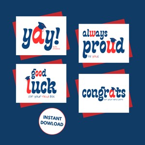 Conjunto de tarjetas de graduación, tarjeta de regalo de graduación única, tarjeta de felicitaciones, tarjeta imprimible, tarjeta para amigo, tarjeta roja y azul, descarga instantánea