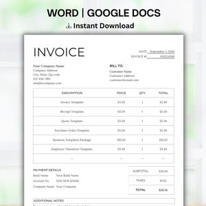 Invoice Template: Clean minimalist professional design (Word, Google Docs). Client payment collection and tracking. Easy billing form.