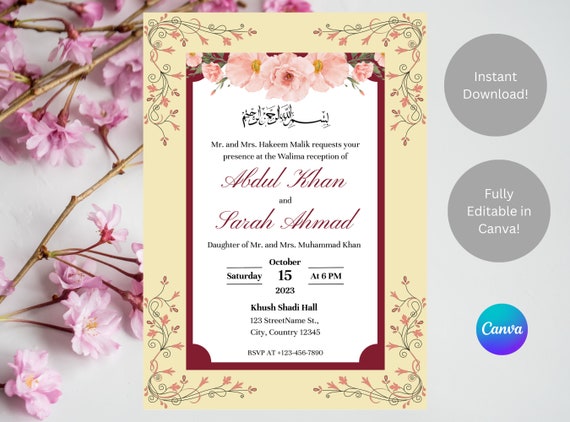 Editable Nikkah Wedding Invitation Floral Frame Islamic 