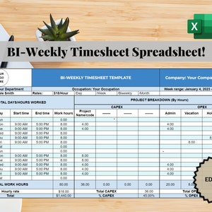 Bi-weekly timesheet template for Excel or Google sheets, Editable biweekly Timesheet spreadsheet, Work hour tracker, printable timecard log