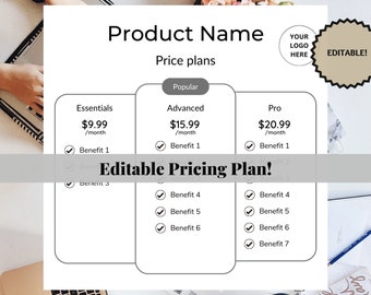 Monthly subscription pricing plan template, customizable price tiers, business membership plans, recurring payment plans, editable in Canva