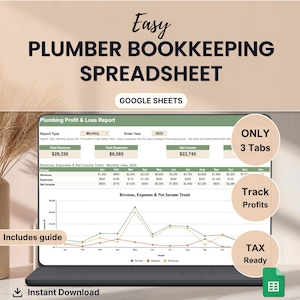 May include: A digital bookkeeping spreadsheet for plumbers designed for Google Sheets. The interface displays a Plumbing Profit & Loss Report with revenue, expense, and net income data, including a line graph showing financial trends and tax-ready features.