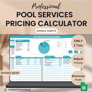 Puede incluir: Una calculadora digital de precios para servicios de piscina en Google Sheets mostrada en una pantalla de portátil. La interfaz incluye una tabla de resumen de precios, un gráfico circular de desglose de costes y columnas de mano de obra.