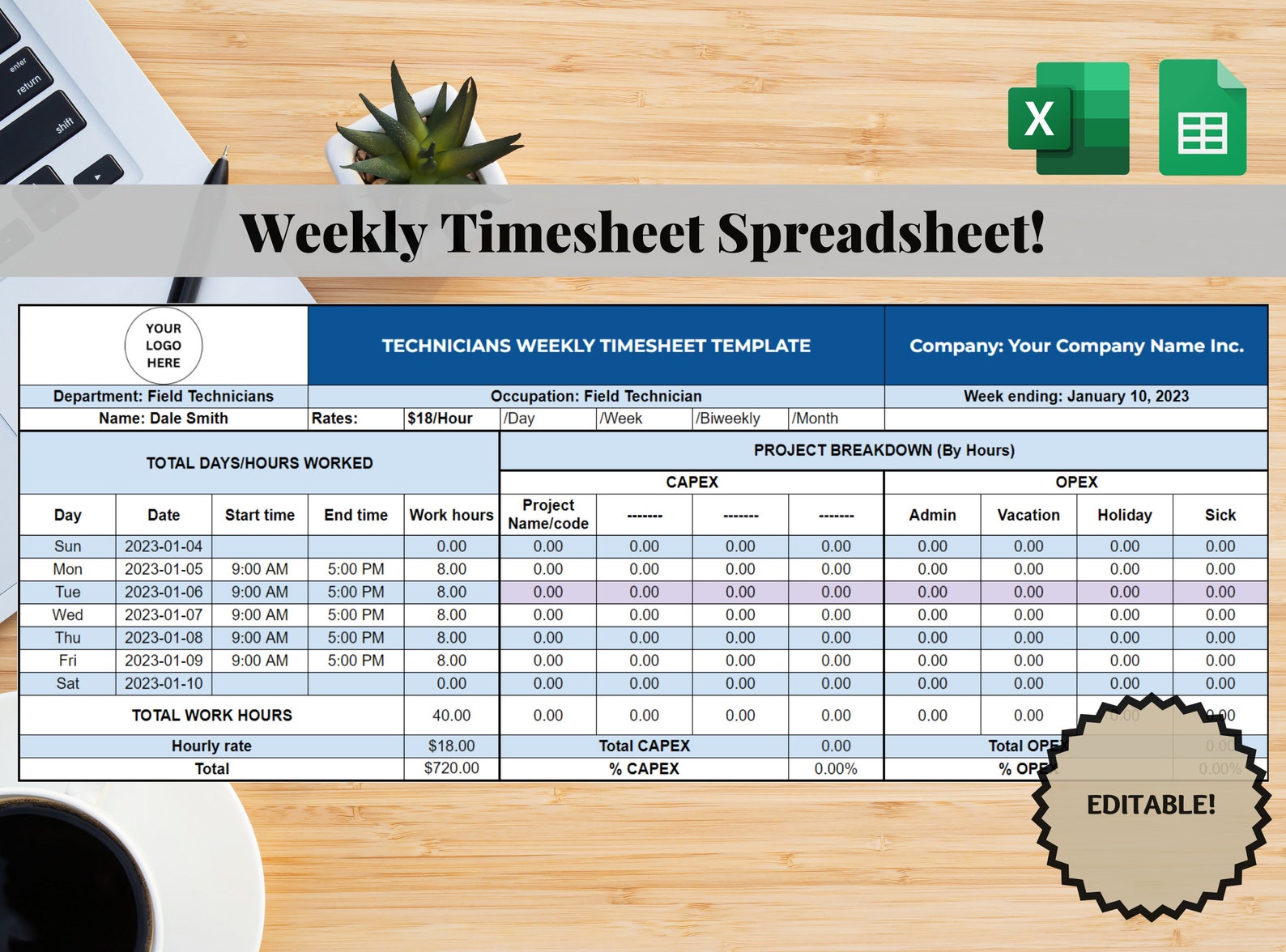 Employee Timesheet Spreadsheet Template, Editable Weekly Timesheet
