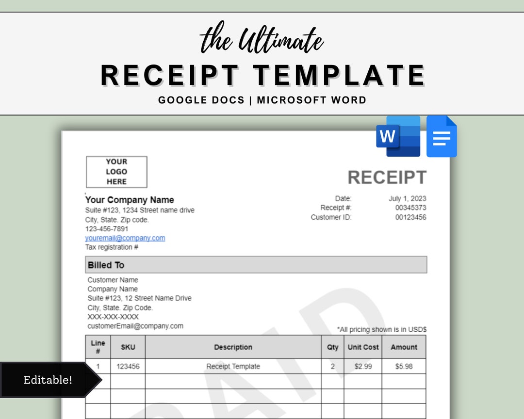 Receipt Template Word Google Docs Receipt Printable Receipt Editable Receipt Template Word Google Docs Receipt Printable Receipt Editable