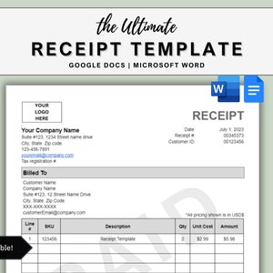 Receipt Template Word - Google Docs Receipt - Printable Receipt - Editable Business Receipt - Simple Receipt - Parts Receipt - A4/US Letter