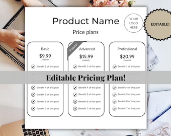 Monthly product price plans template for Canva, price tier options template, business membership pricing model, editable pricing tiers