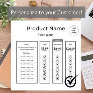 May include: A black and white pricing table with three different plans: Basic, Advanced, and Pro. The plans are listed with their monthly price and a tick or a cross to indicate which features are included in each plan. The Pro plan is highlighted as the most popular option.