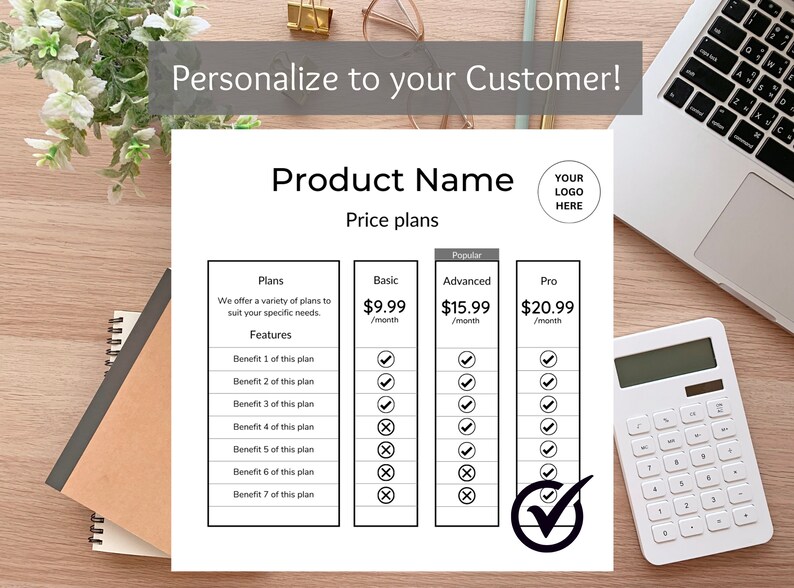 May include: A black and white pricing table with three different plans: Basic, Advanced, and Pro. The plans are listed with their monthly price and a tick or a cross to indicate which features are included in each plan. The Pro plan is highlighted as the most popular option.