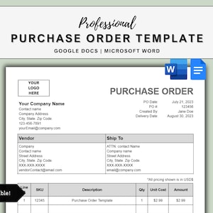 Purchase Order Template Word. Google Docs Purchase Order. Editable Business PO Template. Printable Purchase Order Template. A4/US Letter PO.