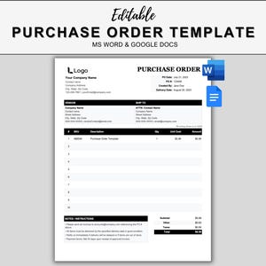 May include: An editable purchase order template document featuring black text on a white background. The form includes sections for vendor and shipping details, a numbered item list, and a summary area for subtotal, taxes, and total costs in US dollars.