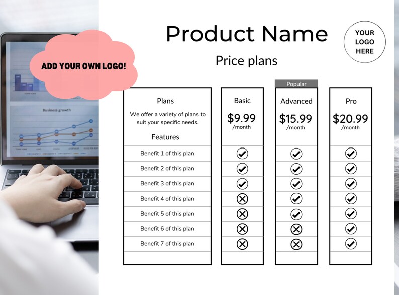May include: A pricing table for a product or service with three plans: Basic, Advanced, and Pro. The plans are listed with their monthly price and a checklist of features included in each plan. The Basic plan is &pound;9.99 per month, the Advanced plan is &pound;15.99 per month, and the Pro plan is &pound;20.99 per month.