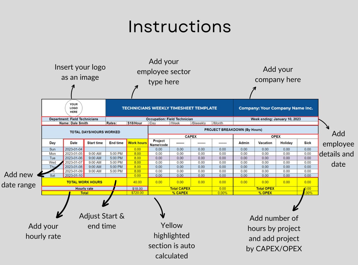 Employee Timesheet Spreadsheet Template, Editable Weekly Timesheet