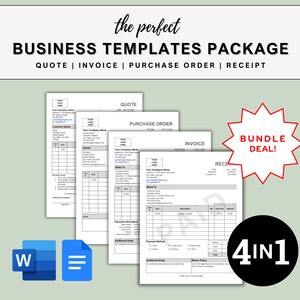 May include: A bundle deal of four business templates for quote, invoice, purchase order, and receipt. The templates are in a black and white design with a gray background. The templates are available in Word and Google Docs formats. The text "4 in 1" is displayed in a black circle with a white outline.