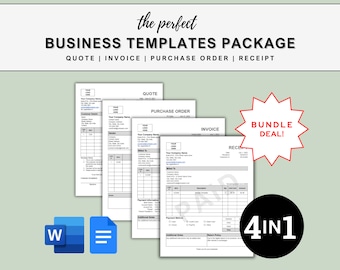 Paquete de plantillas de kit de inicio para pequeñas empresas para Word y Google Doc: paquete de plantillas de presupuesto, factura, orden de compra y recibo editables