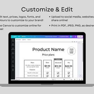 May include: A laptop screen displaying a Canva template for a product price plan. The template has a title "Product Name" and four columns labelled "Plan", "Basic", "Advanced", and "Pro". Each column has a price, a tick for features, and a description. The template is customisable with text, logos, fonts, and colours.