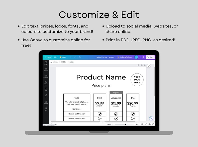 May include: A laptop screen displaying a Canva template for a product price plan. The template has a title "Product Name" and four columns labelled "Plan", "Basic", "Advanced", and "Pro". Each column has a price, a tick for features, and a description. The template is customisable with text, logos, fonts, and colours.