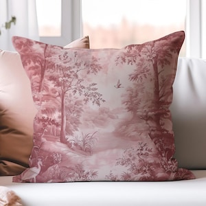 Pink Vintage Toile Cushion Cover | Pink Décor | Faux Suede Square Pillow Case - 14x14 16x16 18x18 20x20