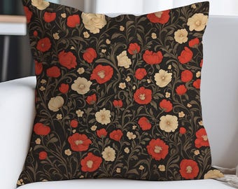Funda de cojín con flores rojas y amarillas / Funda de almohada con rosas / Funda de cojín para sofá / Funda de almohada cuadrada de gamuza sintética - 14x14 16x16 18x18 20x20