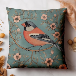 Bullfinch Cushion Cover | Faux Suede Square Pillow Case | Birds Lover Home Decor | Sizes 14x14&quot; 16x16&quot; 18x18&quot; 20x20&quot;