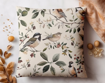 Forest Birds Cushion Cover | Faux Suede Square Decorative Pillow Case | Birds Home Decor and Design | Sizes 14x14&quot; 16x16&quot; 18x18&quot; 20x20&quot;